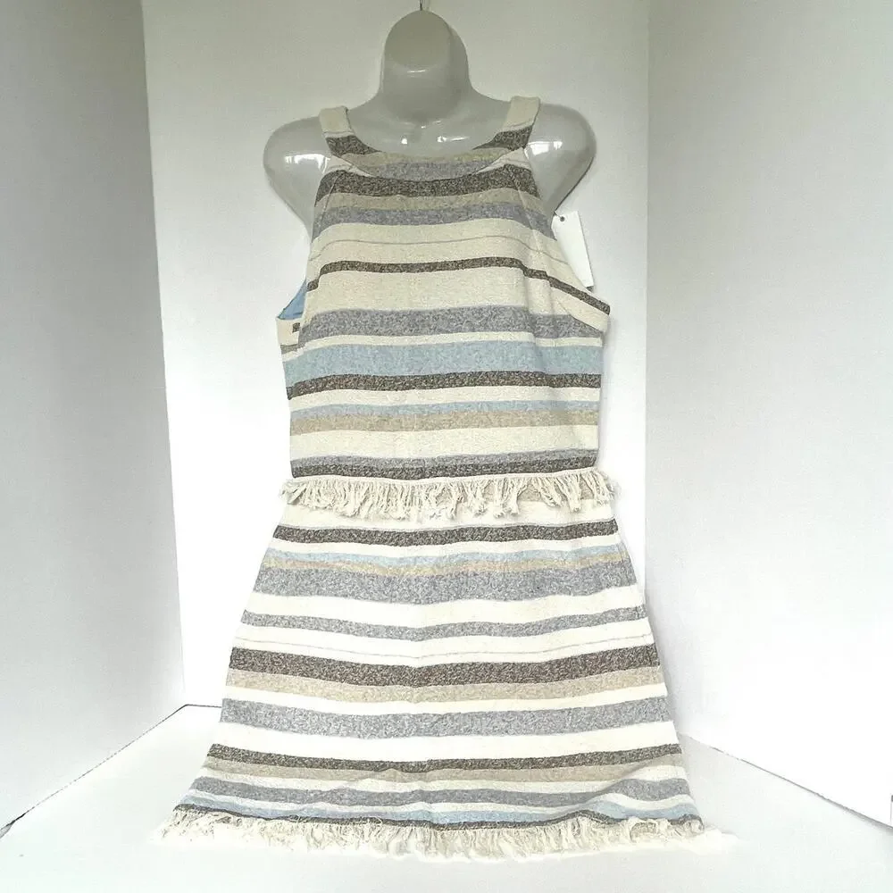 Tory Burch Jane Sheath Dress Off White Stripe Fringe Sleeveless 10